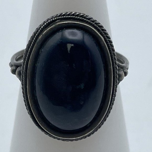 Sterling Steel Oval Shape Blue Gemstone Black Onyx Rope Cabochon Finger Ring - Picture 1 of 6